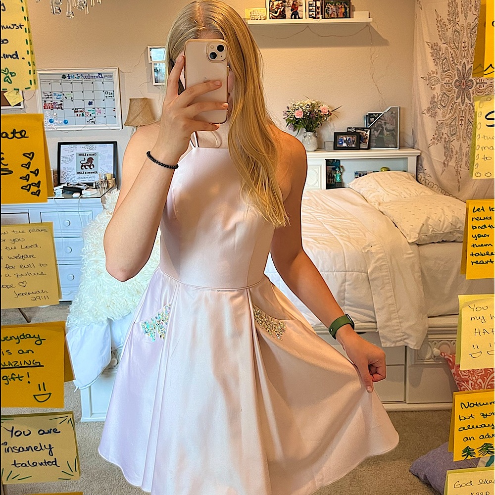 Blondie Nites Short Satin Halter Double Strap Dress | Color: Blush | Size 3